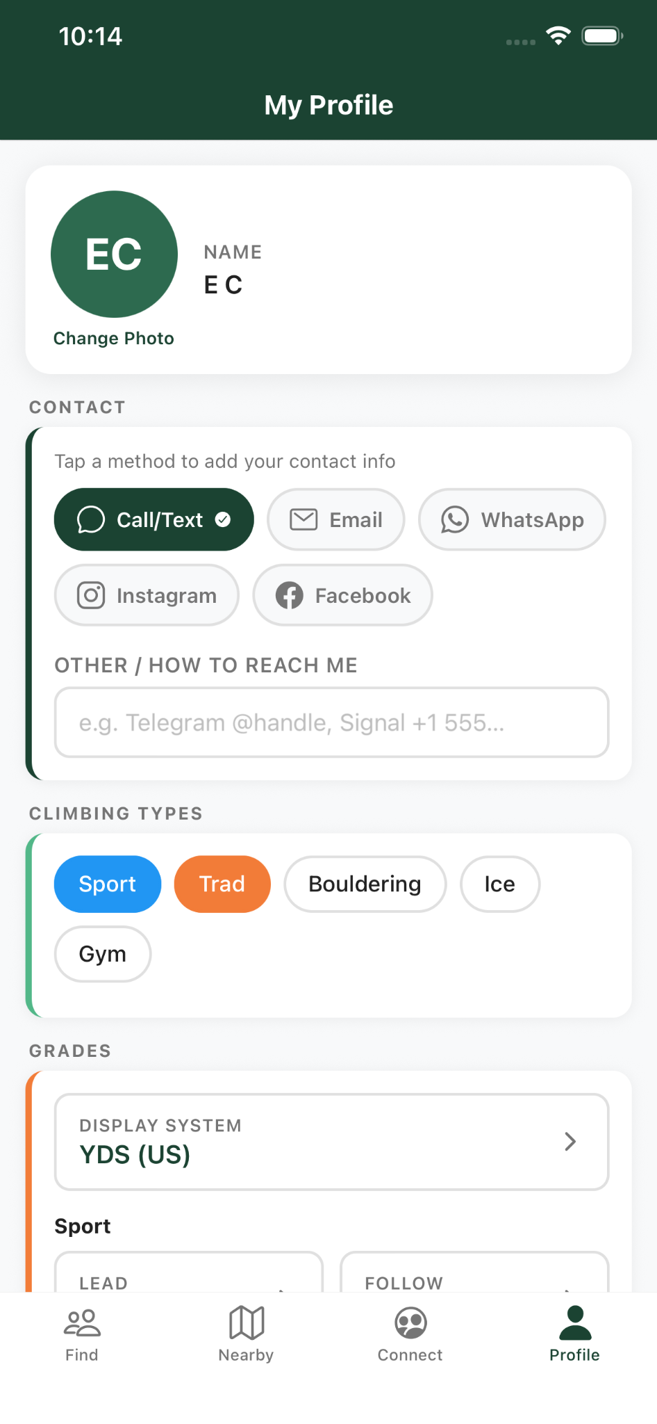 onBelay profile editor